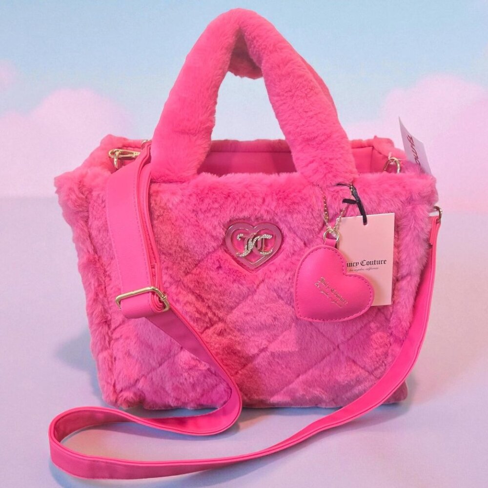 Juicy Couture Let's Get Cozy Pink Faux Fur Quilted Tote Bag Heart Charm & Strap - Picture 2 of 7